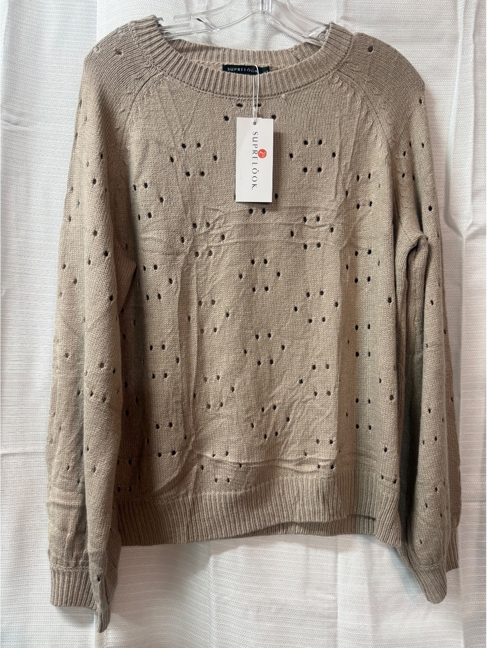 Suprelook Beige 100% Acrylic Knit Sweater with Eyelet Pattern, Size L